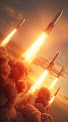 The missiles are aimed at the sky at sunset with Iran flag. Bomb, chemical weapons, missile defense, a system of salvo fire.