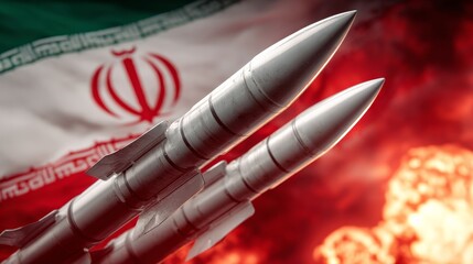 The missiles are aimed on background of Iran flag. Bomb, chemical weapons, missile defense, a system of salvo fire