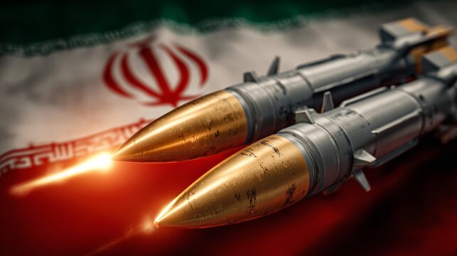 The missiles are aimed on background of Iran flag. Bomb, chemical weapons, missile defense, a system of salvo fire