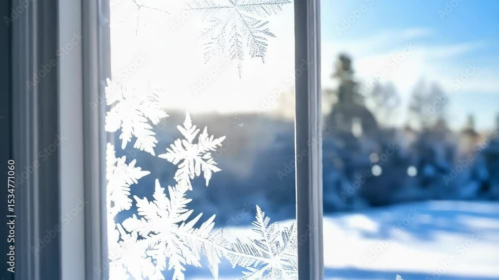 Aufkleber view through a frosty window covered with snowflake patterns overlooking a snowy landscape with tree