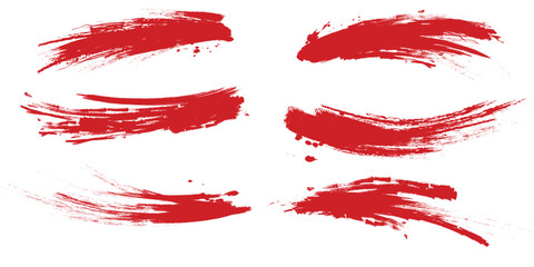 Straight red ink vector lines pack. Bloody color long and round hand-drawn brushstroke text highlights, frames, circles. Asian calligraphy modern
