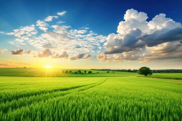 Green field landscape with sunrise