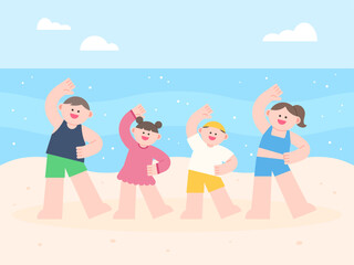 Fototapeta premium A family wearing swimsuits and warming up before going into the sea.