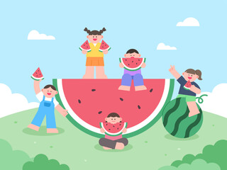 Children holding watermelon on the grass and smiling happily while eating watermelon.