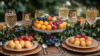 Elegant outdoor dining table with fresh fruit display