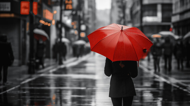 Fototapeta Person Holding Red Umbrella on Rainy City Street in Black and White