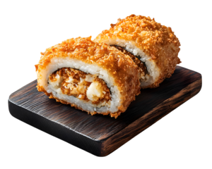 Crispy deep fried sushi rolls with sesame seeds and sauce on dark wooden board isolated on transparent background
