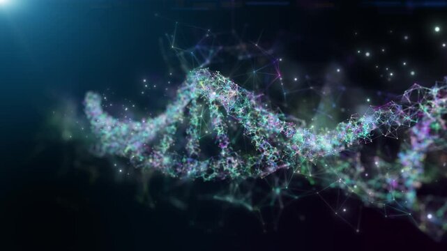 Abstract digital plexus DNA molecule, Blue background.