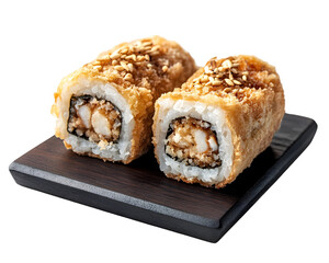 Crispy deep fried sushi rolls with sesame seeds and sauce on dark wooden board isolated on transparent background