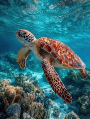 Graceful Turtle Swimming Through Crystal Clear Ocean Waters Surrounded by Vibrant Marine Life and Sunlight Filtering through Waves in Tranquil Seascape