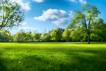 Meadow with lots of white and clouds  in sunny day, Background image of spring nature with blue sky and blue sky and trees, landscape in early summer