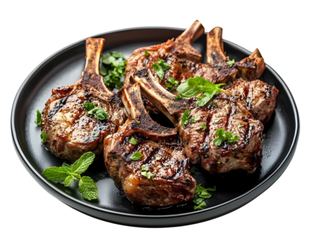 Grilled lamb chops with juicy char marks served on black plate and garnished with fresh mint leaves isolated on transparent background