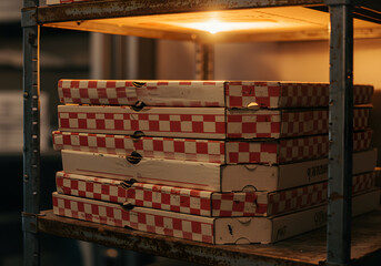 Stacked pizza boxes on shelf
