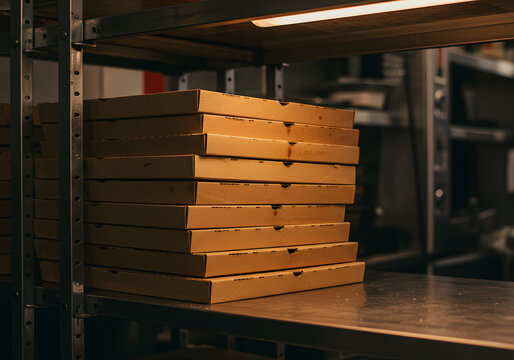 Stacked pizza boxes in kitchen