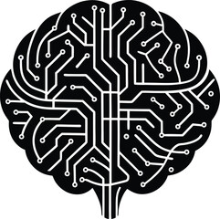AI brain circuit Vector illustration Cross Hatched Brain with Fine Line Shading