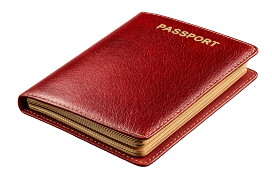 A detailed studio shot of a red passport with golden letters on a transparent background - Powered by Adobe