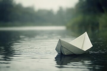 Obraz premium Tranquil Origami Boat Floating on Serene Water Surface in Nature