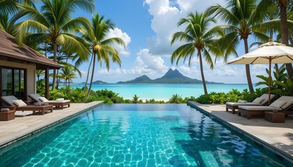 Fototapeta premium Luxury Tropical Vacation Featuring Spa and Swimming Pool on Mauritius Island – An Exotic Island Getaway Offering World-Class Relaxation, Oceanfront Comfort, and Holistic Wellness Amidst Turquoise 