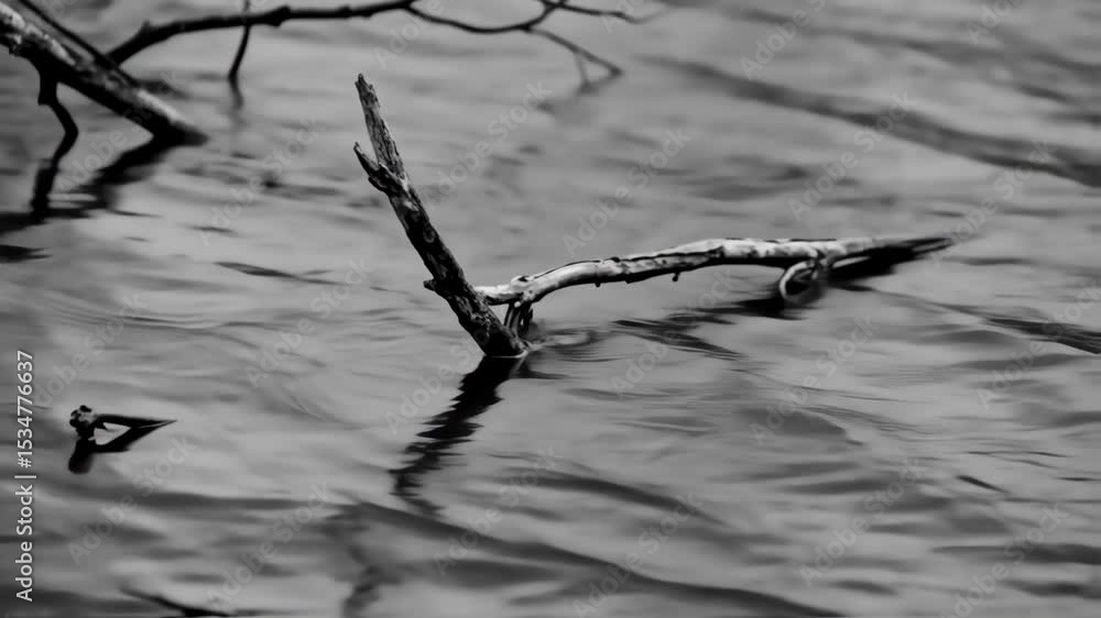 Poster monochrome image of branches partially submerged in rippling water, creating abstract patterns and r