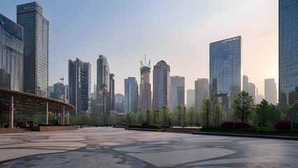 Fototapeta premium Modern cityscape with geometric patterns in an urban square, a serene morning view of contemporary architecture.