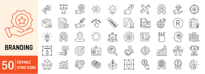 Branding collections editable stroke outline web icons set. Branding, product, marketing, advertising, company, strategy, social media, identity, and more... Vector illustration