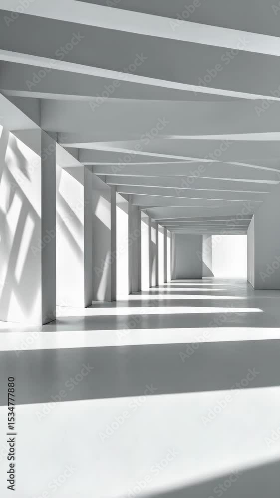 Poster symmetrical minimalist corridor with parallel supporting beams and light shafts creating strong shad