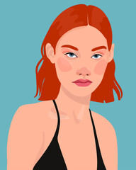  Pop art face of an oriental lady. A young beautiful ginger hair woman with red lips. flat fashion illustration. Advertising poster of different age. Avatar for a social network.