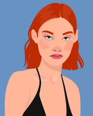 Pop art face of an oriental lady. A young beautiful ginger hair woman  with red lips. flat fashion illustration. Advertising poster of different age. Avatar for a social network.   
