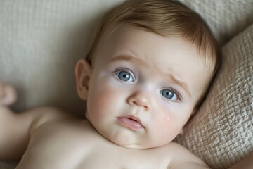 Cute Baby with Blue Eyes and Tear on Soft Fabric Background