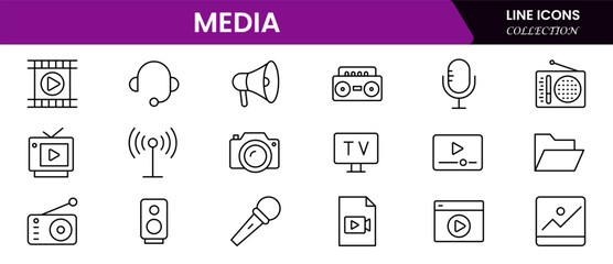 Dynamic vector web line icons showcasing media, broadcasting, streaming, journalism, cameras, microphones, and digital content creation tools.