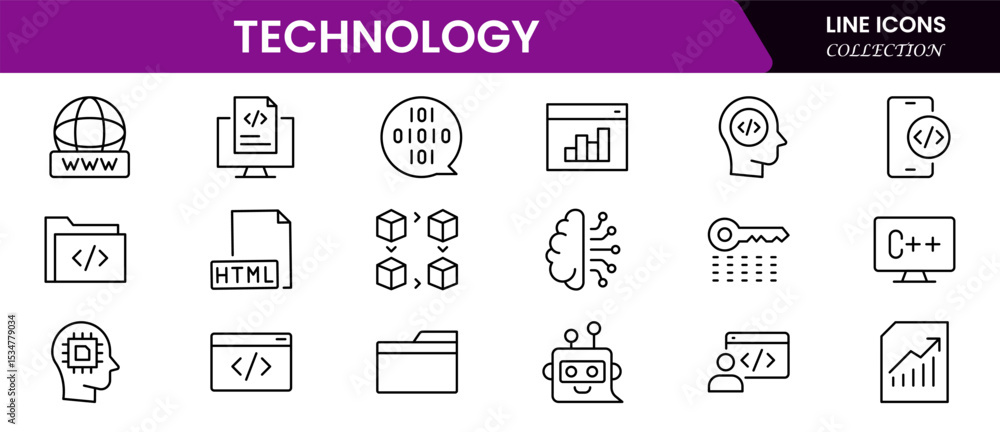 Poster cutting-edge vector web line icons depicting technology, coding, software development, innovation, a