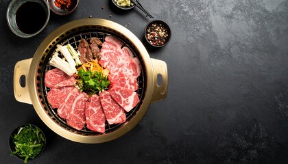 An appetizing spread of thinly sliced raw beef, mushrooms, and condiments beautifully arranged on a golden grill, ready for a delicious Korean barbecue experience.