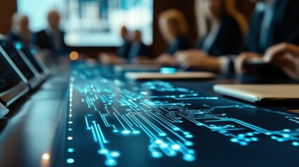 High-Tech Boardroom with Digital Interface and Corporate Discussion