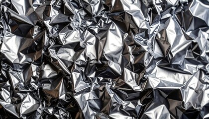 Shiny crumpled aluminum foil reflects light creating an abstract textured surface with metallic creases and folds perfect for backgrounds and designs.