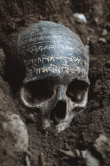 Dark photo of white skull buried in soil with ancient script carved on surface
