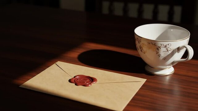 Antique letter and ornate teacup illuminated by sunlight