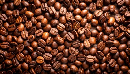 Obraz premium A rich, textured background showcases a dense scatte of dark roasted coffee beans, their smooth surfaces reflecting light in a warm, inviting pattern.