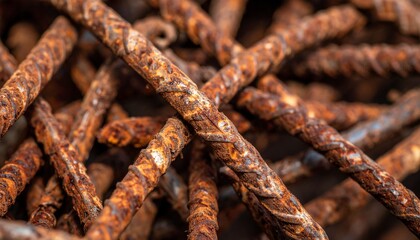 Close up shows rust covered rebar in a detailed macro shot, revealing the texture of the corroded metal used in construction materials on a neutral surface.
