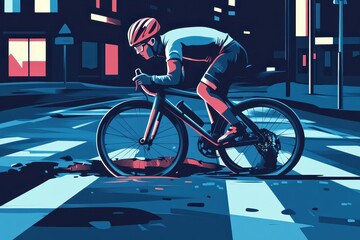 Fototapeta premium Cyclist Riding Fast at Night in Urban City Environment