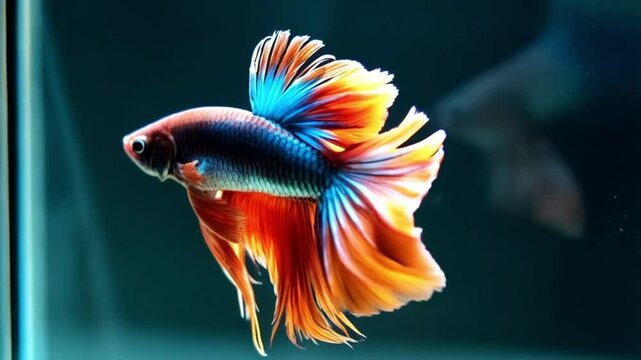 Close up of a betta fish with vibrant orange and blue fins swimming in dark water tank view video
