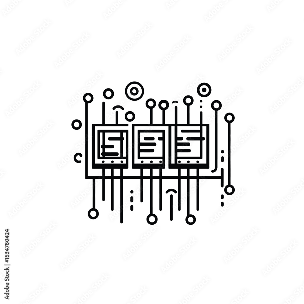 Poster abstract circuit board illustration with circles and lines on a white background
