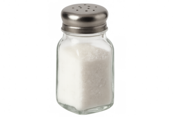 White salt crystals filling glass shaker with metallic perforated lid, positioned against transparent backdrop