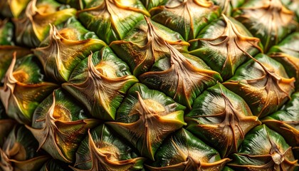 Obraz premium Close up shows a pine peel texture with dark green and light brown detailed pattern of rough skin and geometric shapes, displaying natural exotic fruit detail.
