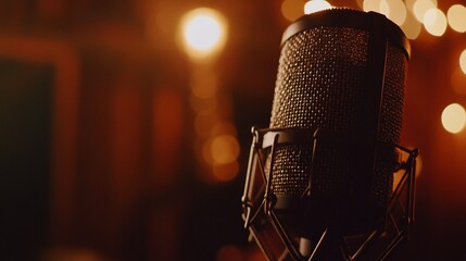 Vintage microphone captures warm tones in a softly lit recording studio