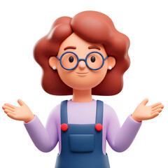 Smiling 3D Cartoon Woman with Glasses and Open Hands
