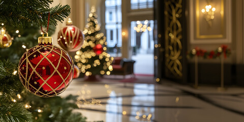 Christmas Tree with red baubles, Merry Christmas and happy New Year background with red baubles, 