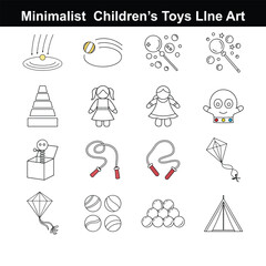 Minimalist Line Art Icons Children’s Toys – A playful and modern collection of toy illustrations including dolls, blocks, puzzles, vehicles, and educational kits. Perfect for kids’ 