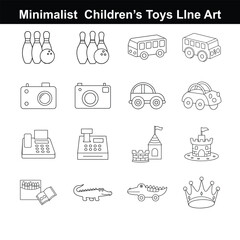 Minimalist Line Art Icons Children’s Toys – A playful and modern collection of toy illustrations including dolls, blocks, puzzles, vehicles, and educational kits. Perfect for kids’ 