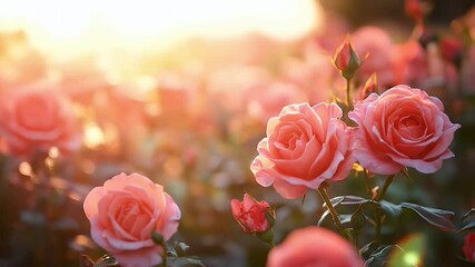 Romantic Pink Roses Blooming in Garden with Warm Sunlight and Bokeh Background During Golden Hour