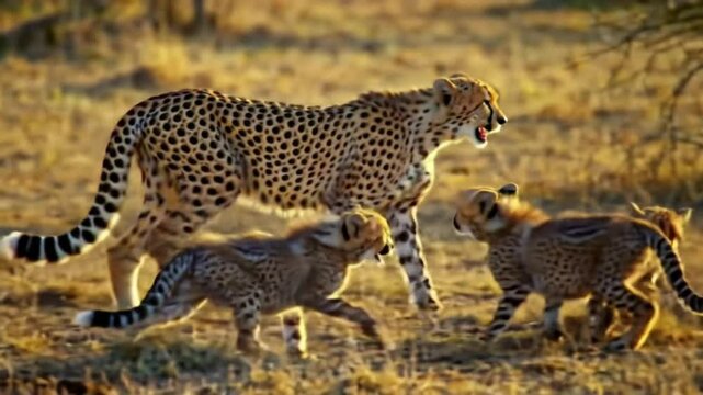 A cheetah mother and her playful cubs in a golden savanna landscape.